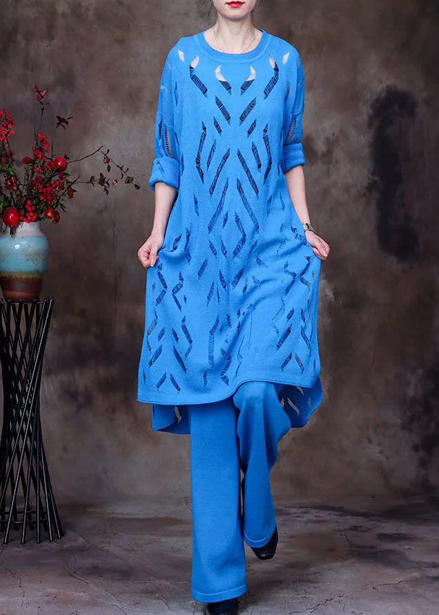 Blue O-neck Hollow Out Knit Three Pieces Set Long Sleeve