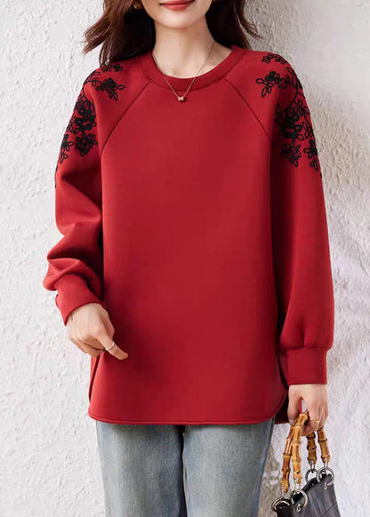 Red O Neck Print Cotton Sweatshirts Fall
