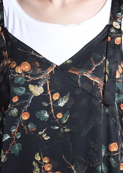 Natural Green V Neck Print Silk Overalls Jumpsuit Spring