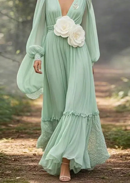 Boutique Light Green Ruffled Patchwork Chiffon Maxi Dresses Spring