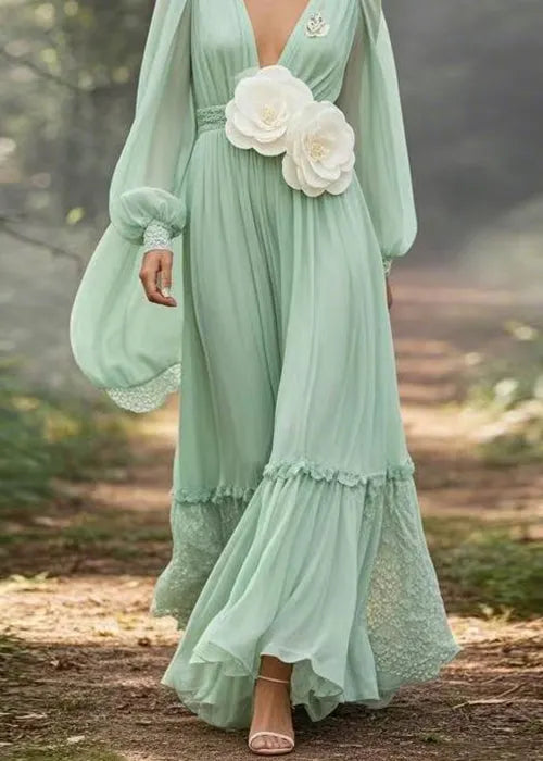 Boutique Light Green Ruffled Patchwork Chiffon Maxi Dresses Spring