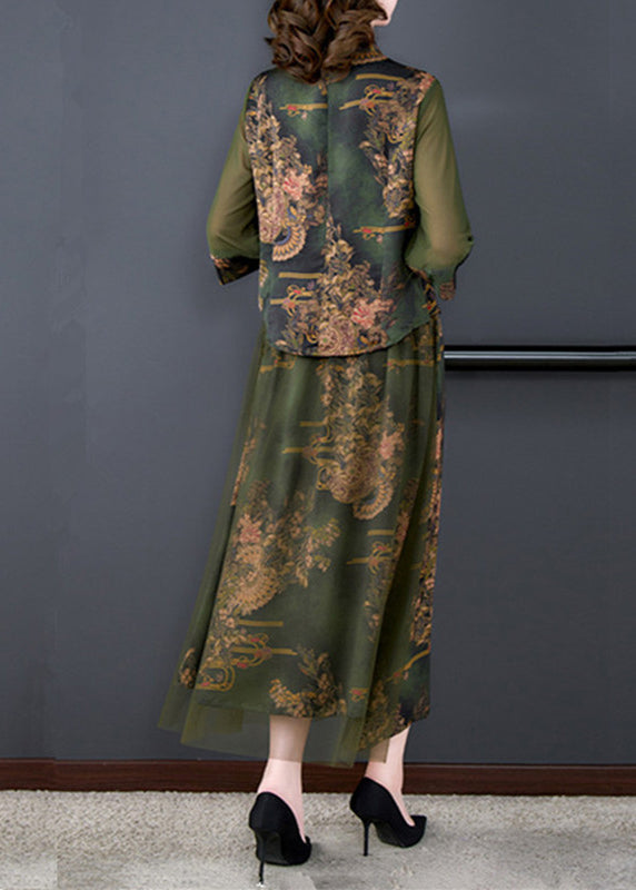 Green Stand Collar Tasseled Embroidered Silk Two Pieces Set Summer