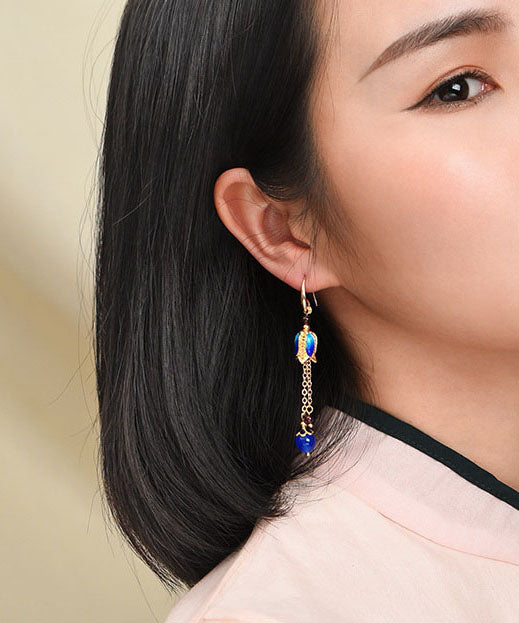 Blue Agate Cloisonne Tassel 14k Gold Drop Earrings