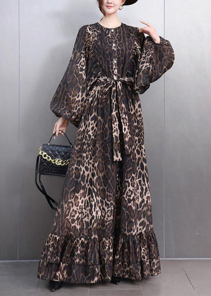 Leopard Button Tie Waist Maxi Dresses Fall