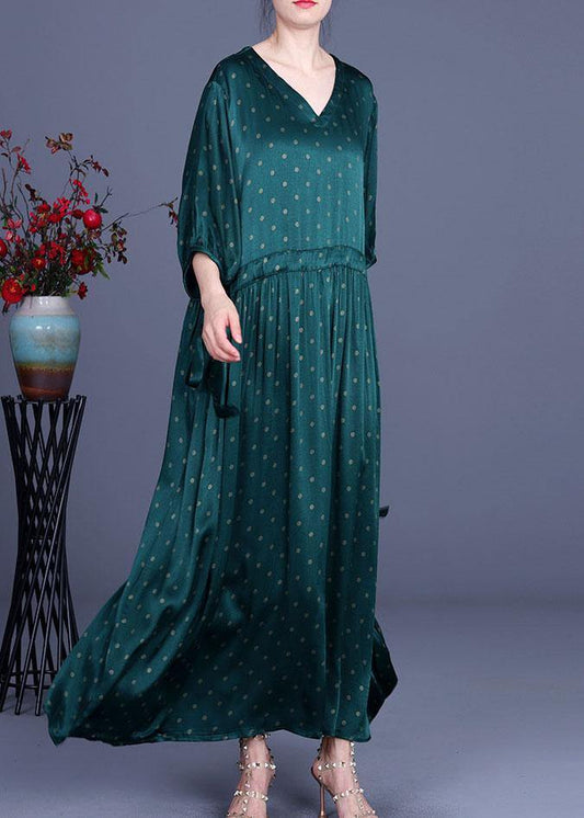 Loose Green Print Tie Waist Summer O-neck Long Dress