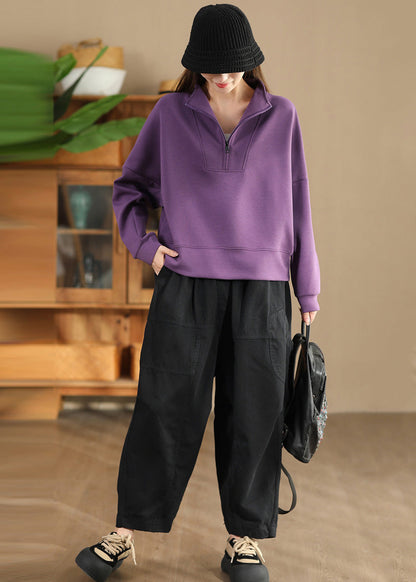 Purple Zip Up Cotton Pullover Spring