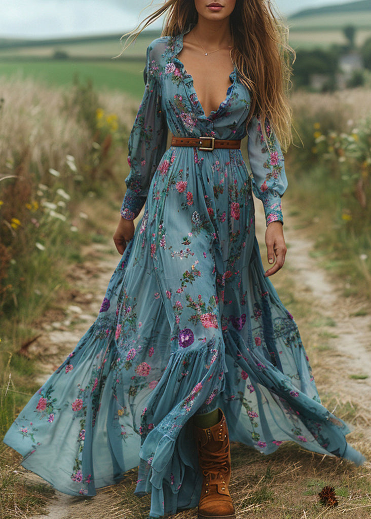 Blue V Neck Ruffled Print Cotton Maxi Dresses Spring