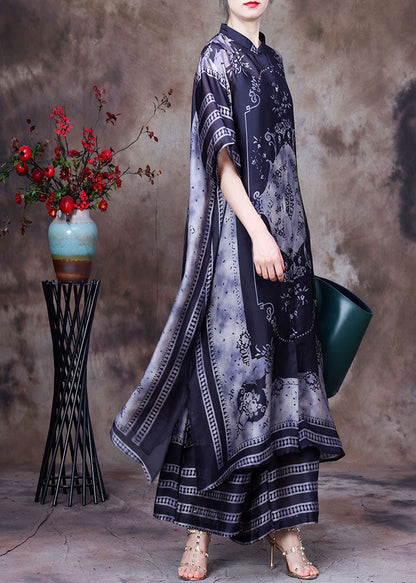 Chocolate Stand Collar Side Open Print Silk Two Piece Set Clothing Summer