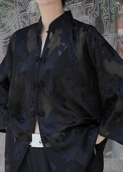 Black Chinese Button Jacquard Patchwork Silk Shirt Tops Fall