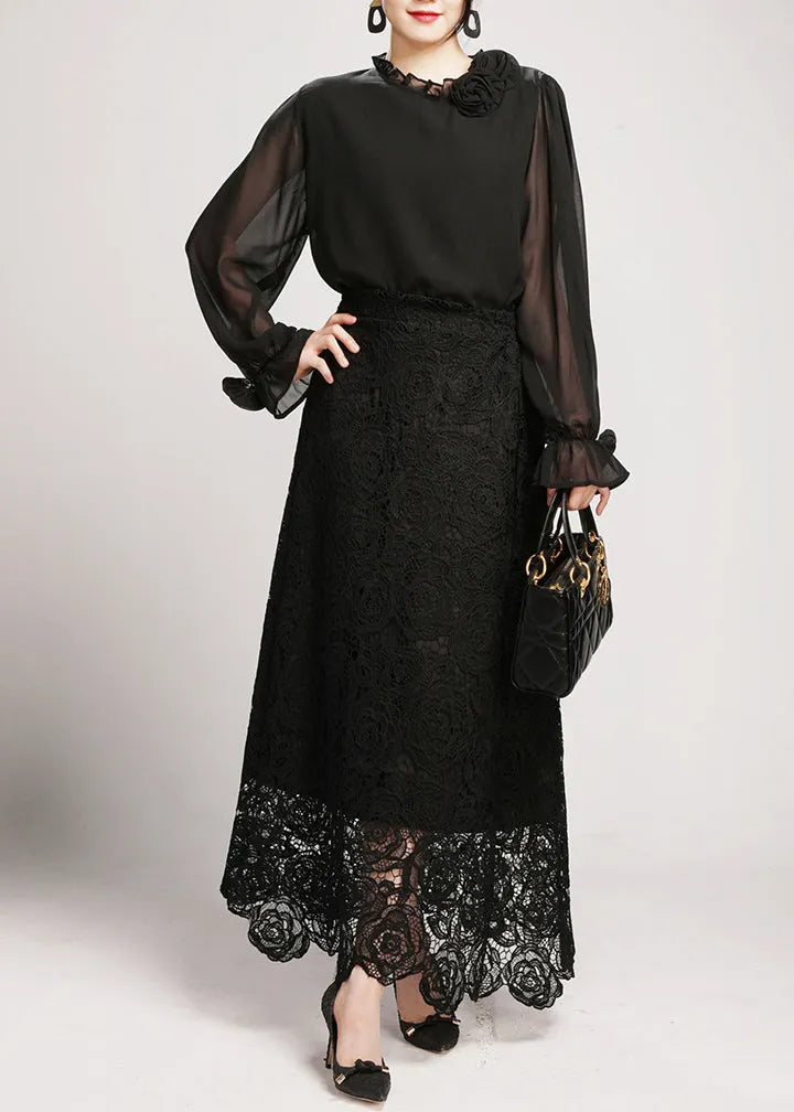 Black Lace Shirts and Maxi Skirts Two Pieces Set V Neck Long Sleeve