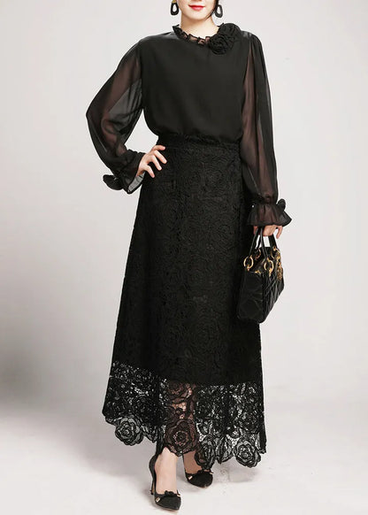 Black Lace Shirts and Maxi Skirts Two Pieces Set V Neck Long Sleeve
