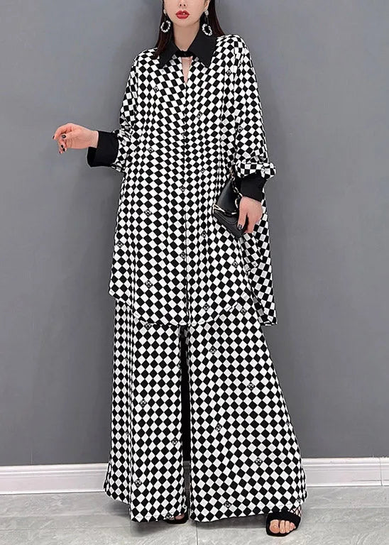 Modern Light Grey Peter Pan Collar Patchwork Chiffon Shirts and Wide Leg Pants Two Piece Suit Set Long Sleeve