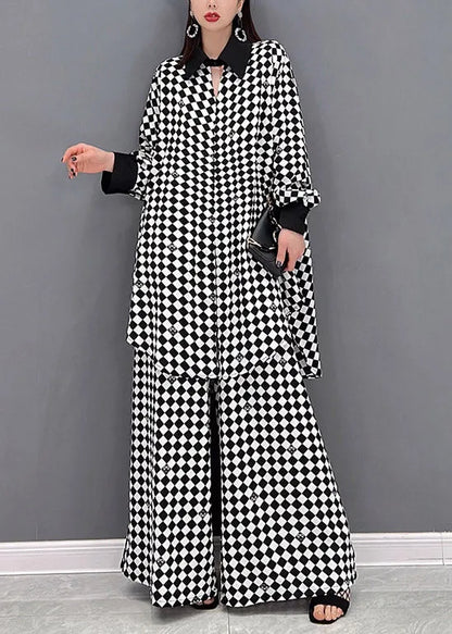 Modern Light Grey Peter Pan Collar Patchwork Chiffon Shirts and Wide Leg Pants Two Piece Suit Set Long Sleeve