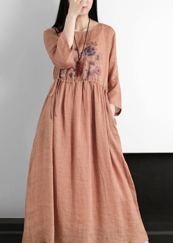 Red O-neck Drawstring Print Linen Dresses Long Sleeve