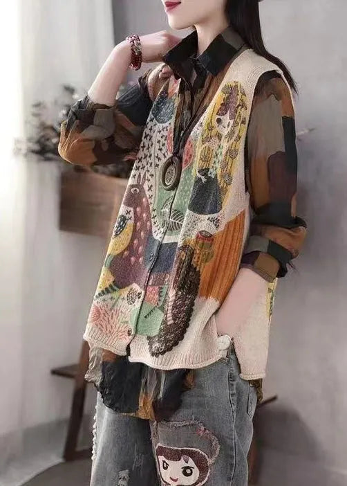 Beige Print Knit Vests Spring
