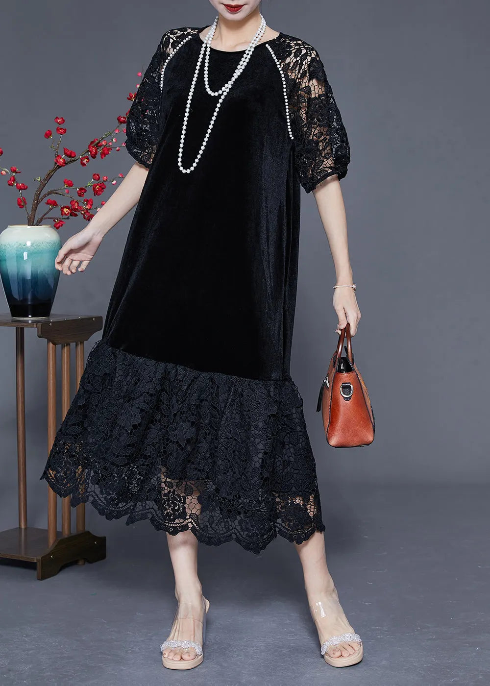French Black Hollow Out Lace Patchwork Silk Velour Maxi Dresses Summer