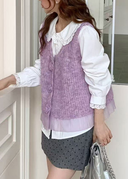Purple Patchwork Knit Vests V Neck Decorated Spring