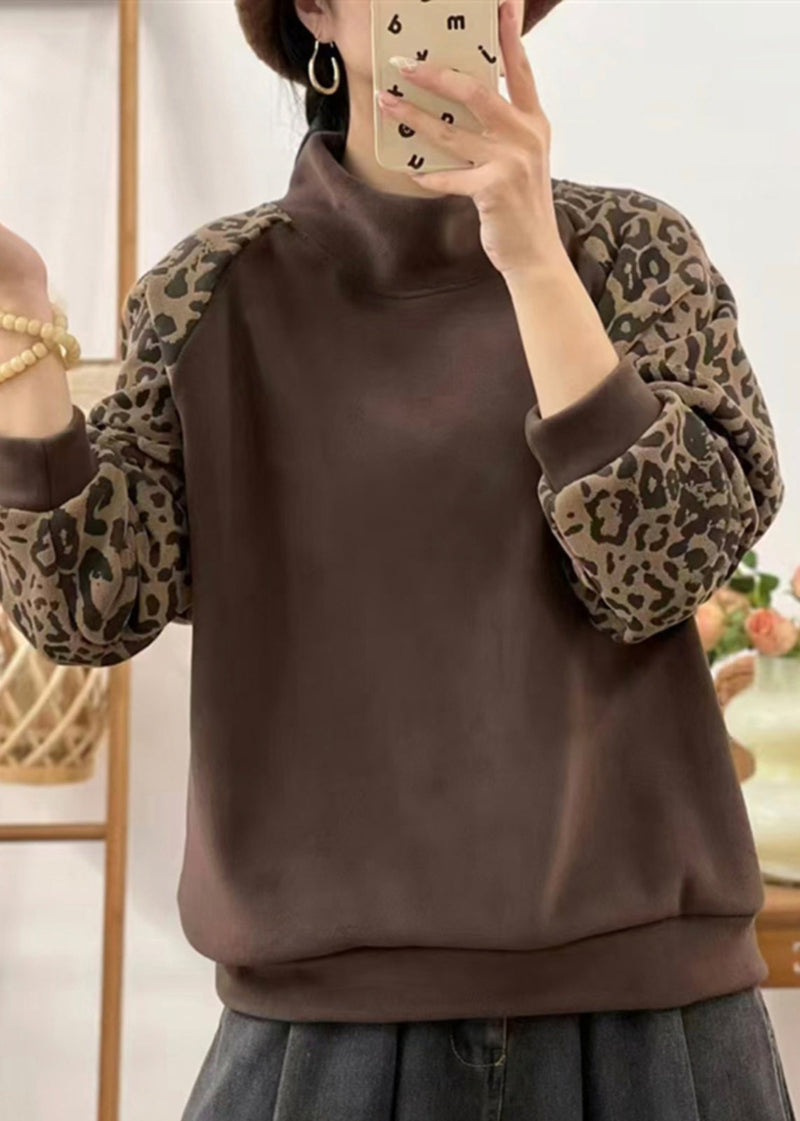 Red Hign Neck Leopard Patchwork Warm Fleece Sweatshirts Top Winter