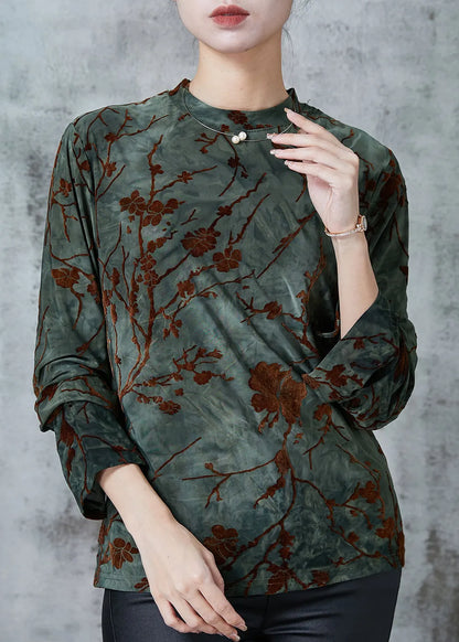 Blackish Green Jacquard Silk Velour Shirts Spring