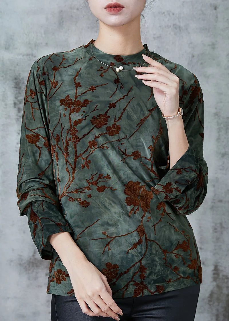 Blackish Green Jacquard Silk Velour Shirts Spring