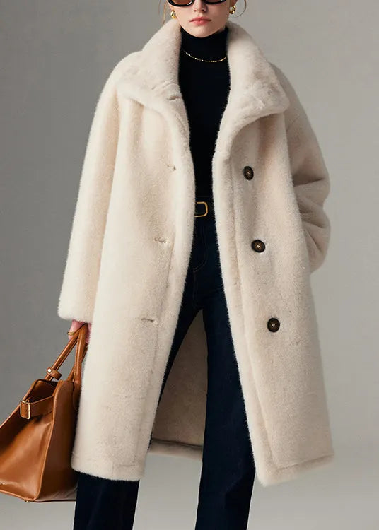 Beige Stand Collar Button Leather and Fur Coats Winter
