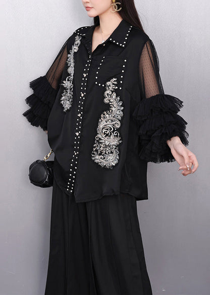 Black Rhinestone Hollow Out Chiffon Blouse Tops Flare Sleeve