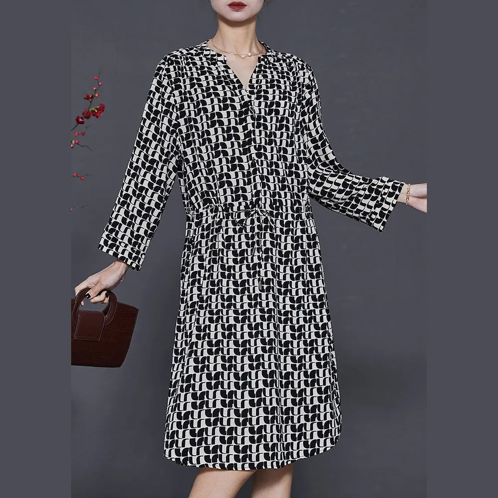 Black Cinched Print Silk Mid Dress Summer