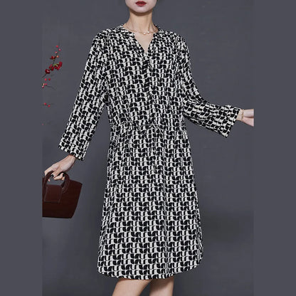 Black Cinched Print Silk Mid Dress Summer