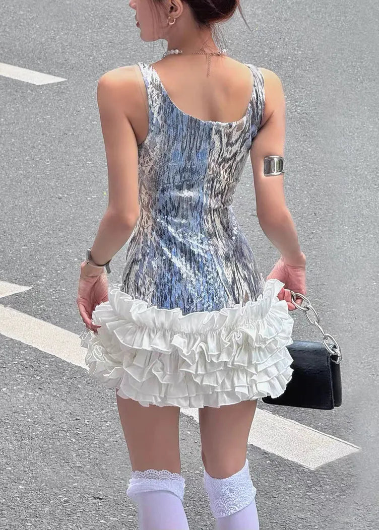 Slim Fit Silver Sequins Ruffled Patchwork Spaghetti Strap Dress Sleeveless