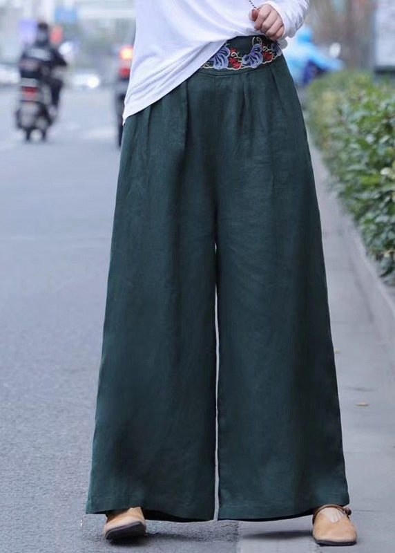 White Wrinkled Embroideried Linen Wide Leg Pants Spring