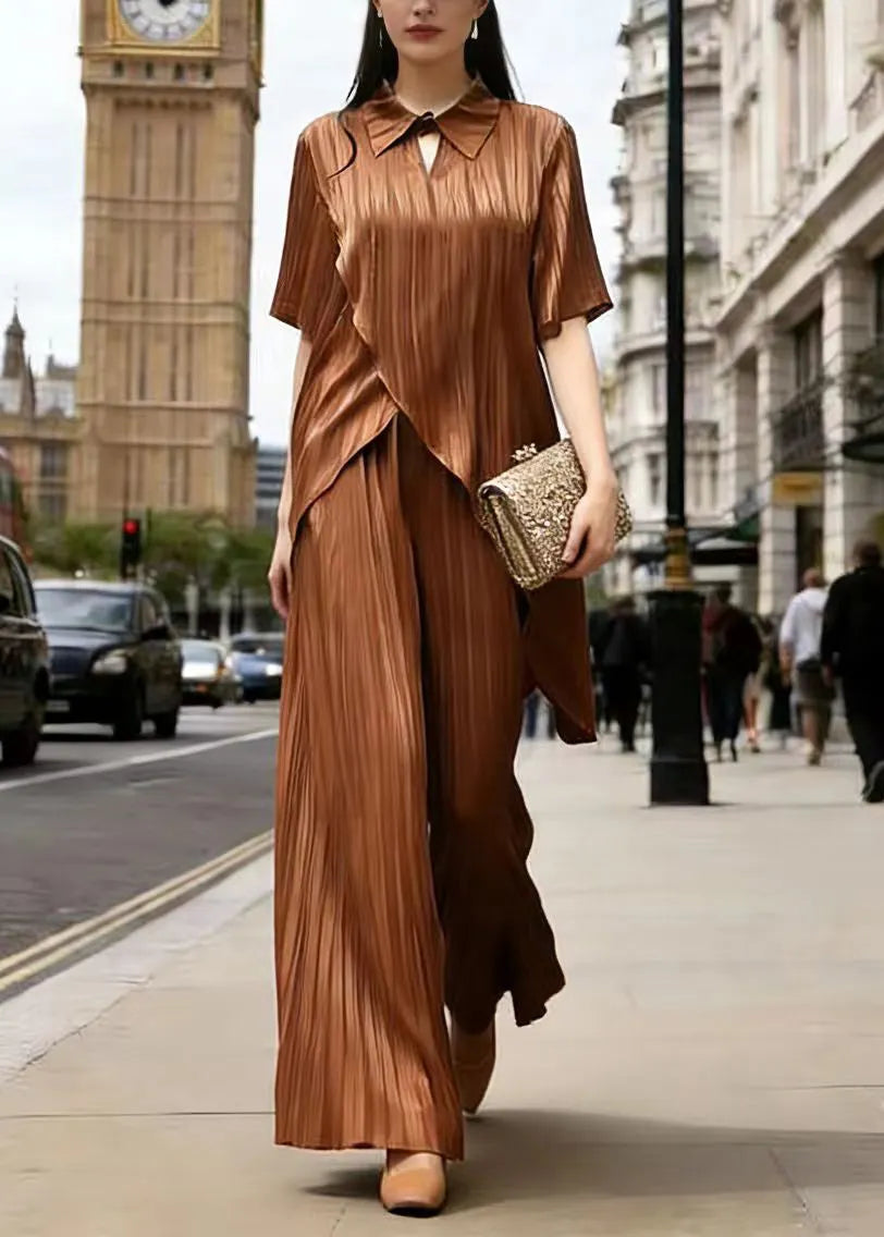 Original Design Coffee Asymmetrical Design Silk Two Pieces Set Summer