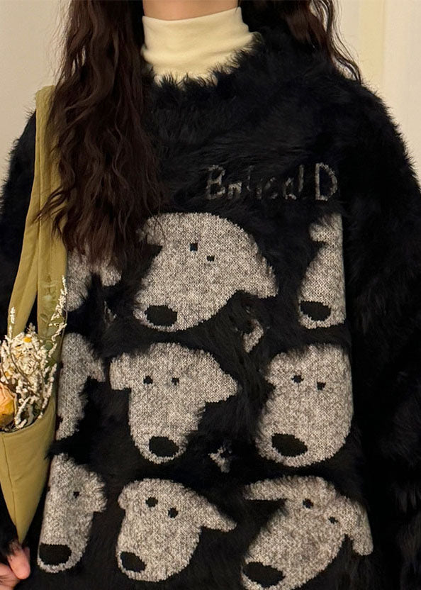Black O Neck Dog Head Cozy Mink Velvet Sweater Spring