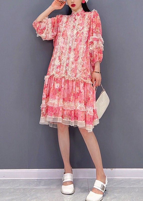 Vogue Red Stand Collar Print Patchwork Lace Ruffled Chiffon Dress Long Sleeve