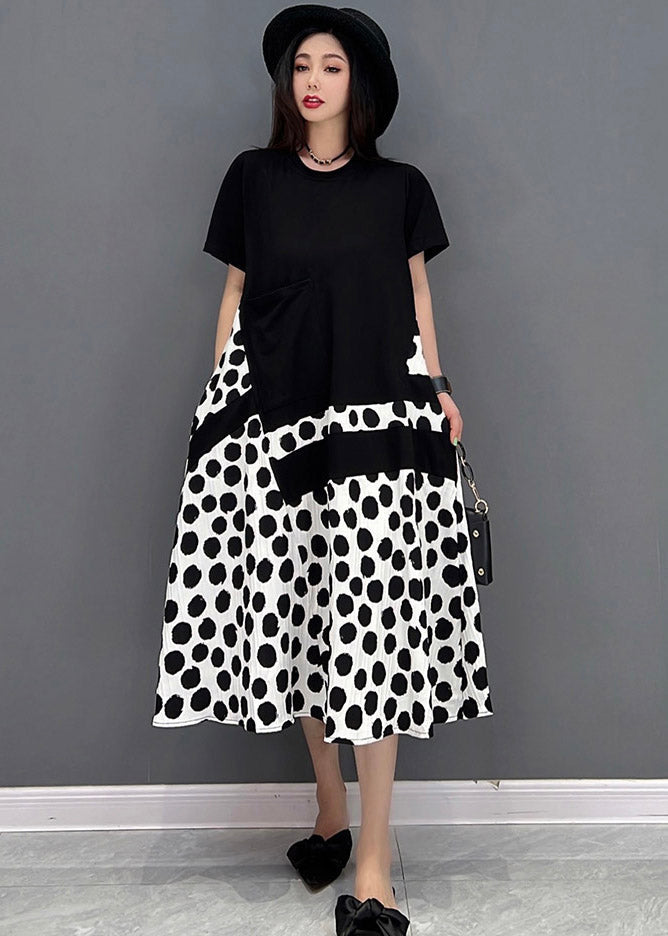 Black O-neck Dot Maxi Dresses Short Sleeve