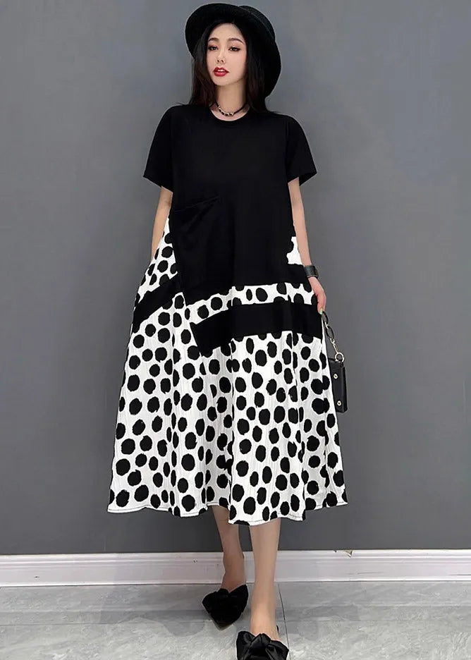 Black O-neck Dot Maxi Dresses Short Sleeve