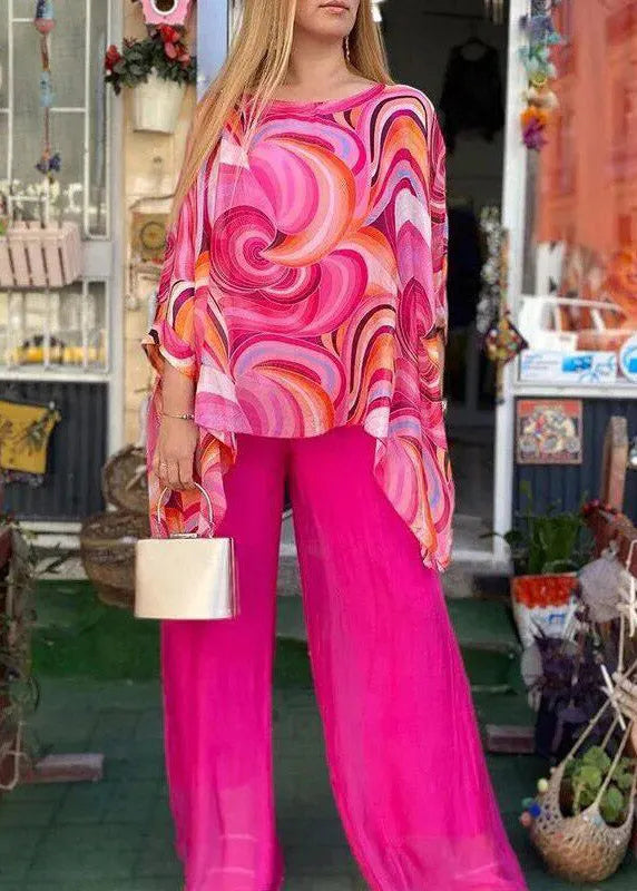 Natural Yellow O-neck Asymmetrical Print Top and Wide Leg Pants Two Pieces Set Fall