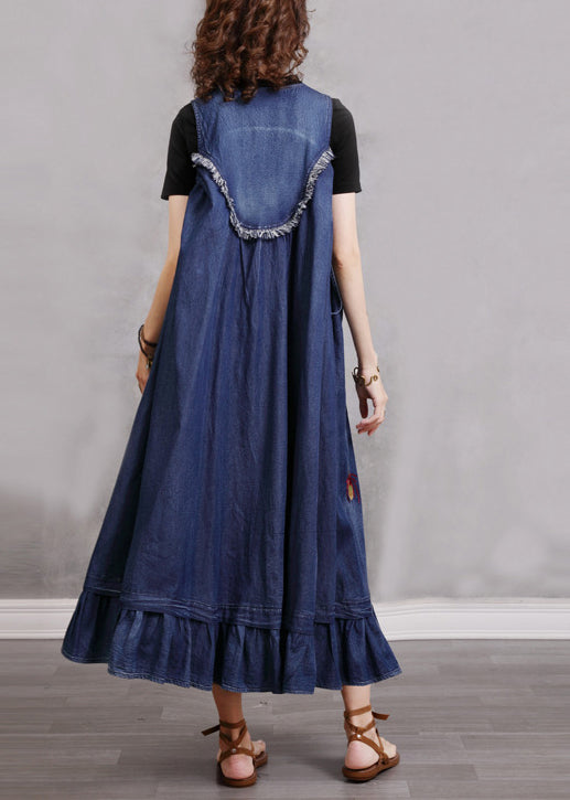Blue O-neck Ruffled Embroideried Patchwork Cotton Denim Dress Sleeveless