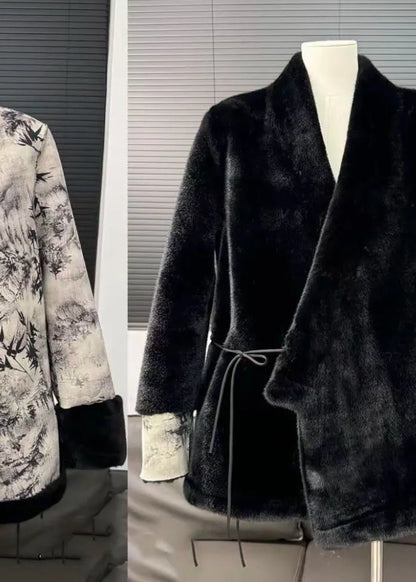 Style Black V Neck Tie Waist Patchwork Leather and Fur Coats Winter