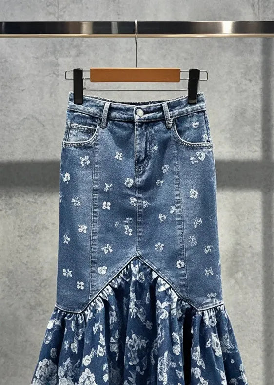 Blue Print Silm Fit Denim Wraped Skirts Fall
