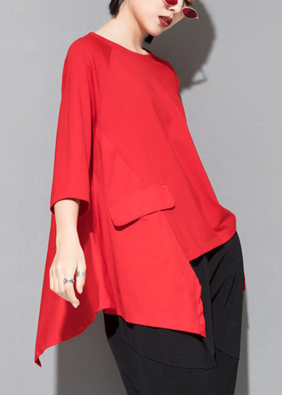 Fitted Red O-neck Patchwork Asymmetrical Design Fall Half Sleeve Top