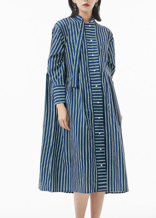 Boutique Blackish Green Stand Collar Wrinkled Striped Shirt Dress Spring
