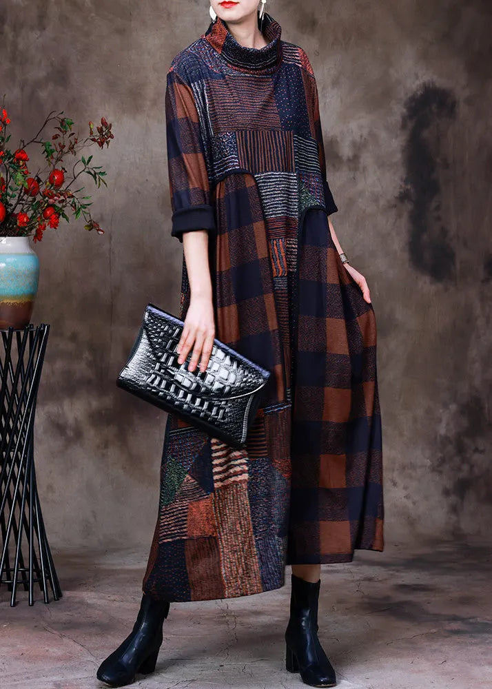Chocolate Turtleneck Plaid Patchwork Velour Maxi Dress Long Sleeve