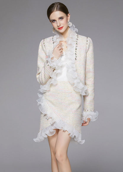 Beige Asymmetrical Patchwork Ruffles Woolen Two Piece Suit Set Fall