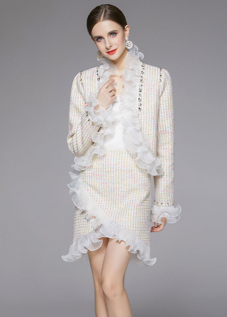 Beige Asymmetrical Patchwork Ruffles Woolen Two Piece Suit Set Fall