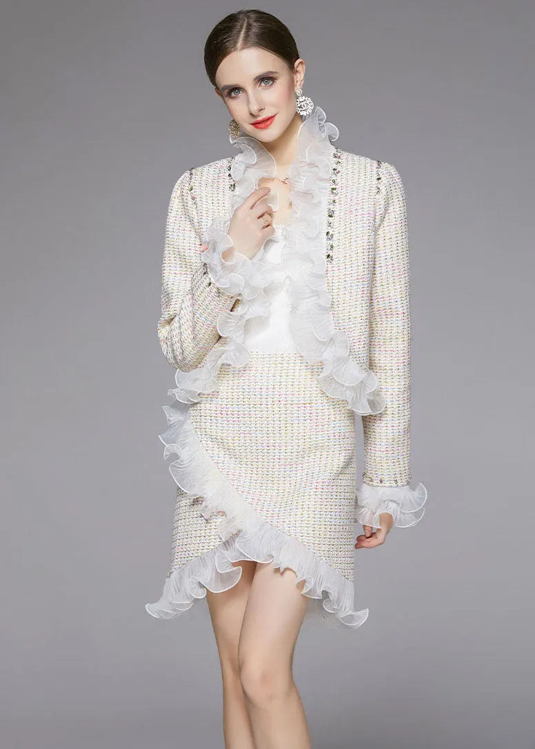Beige Asymmetrical Patchwork Ruffles Woolen Two Piece Suit Set Fall