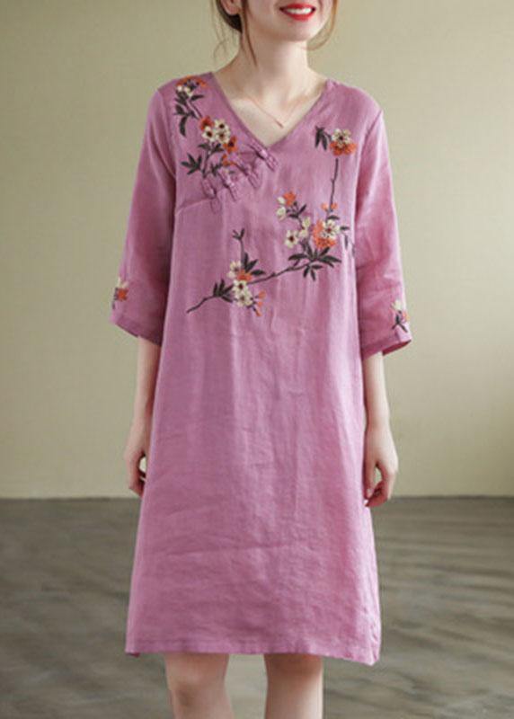 Black V Neck Embroideried Button Three Quarter Sleeve Fall Dresses
