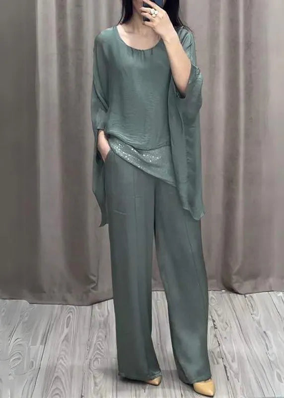 Loose Purple O Neck Tops and Pants Cotton Two Pieces Set Batwing Sleeve