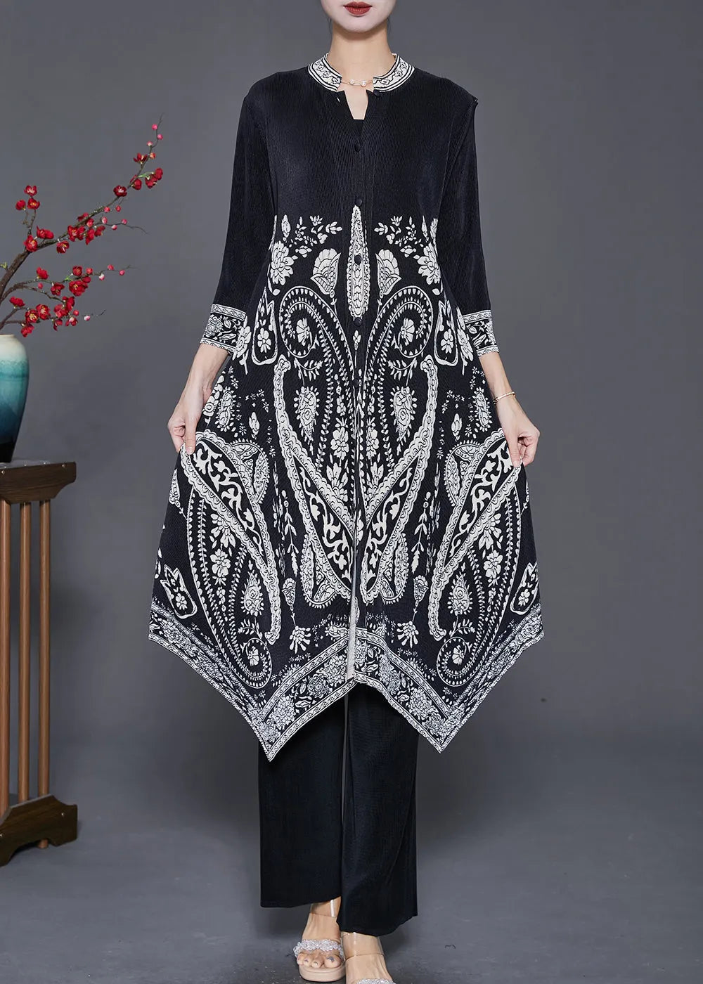 Black Print Silk Dress and Pant Two Piece Set Outfits Asymmetrical Fall