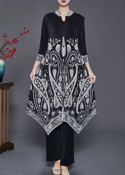 Black Print Silk Dress and Pant Two Piece Set Outfits Asymmetrical Fall