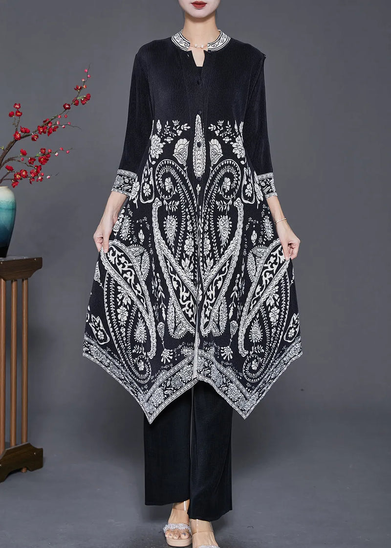 Black Print Silk Dress and Pant Two Piece Set Outfits Asymmetrical Fall